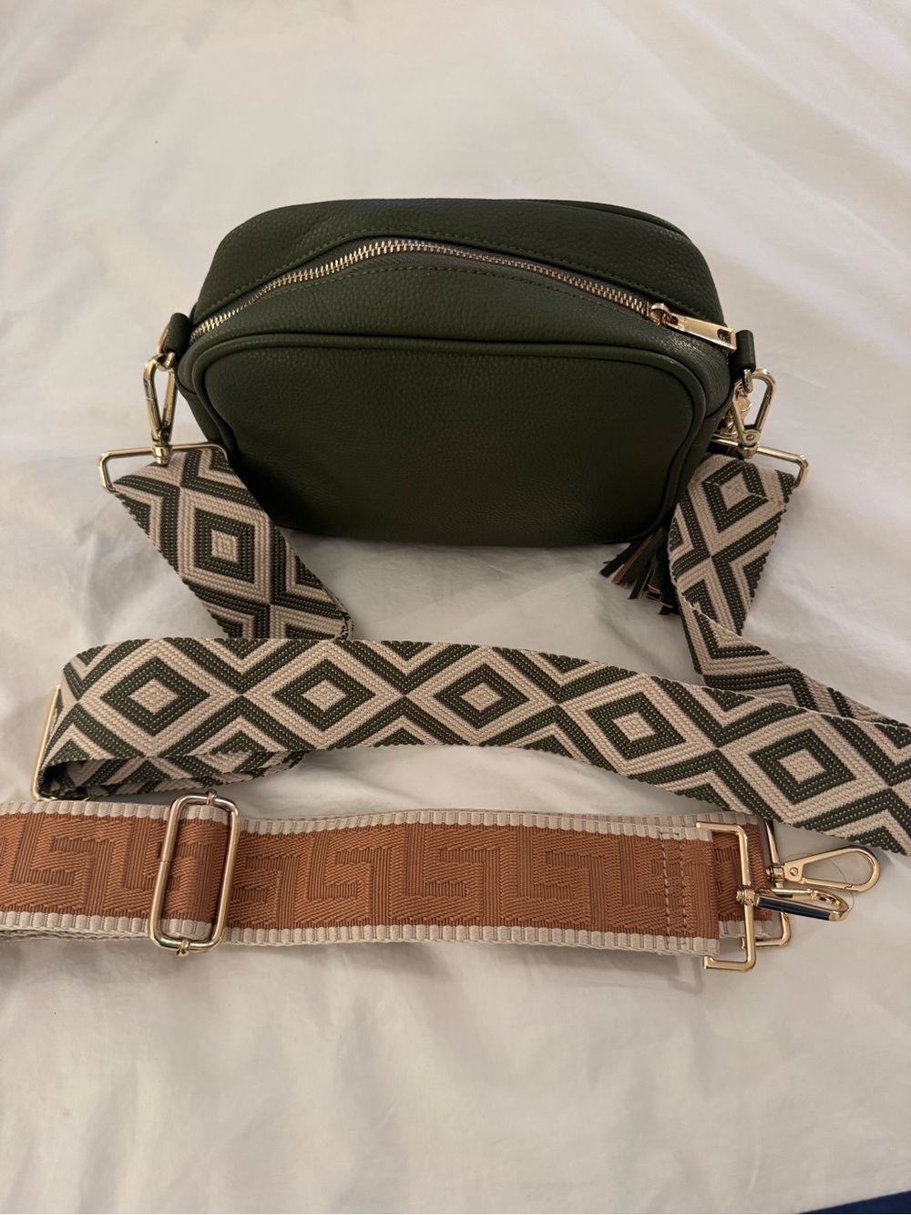 Olive Green Crossbody Bag with Geometric Strap
